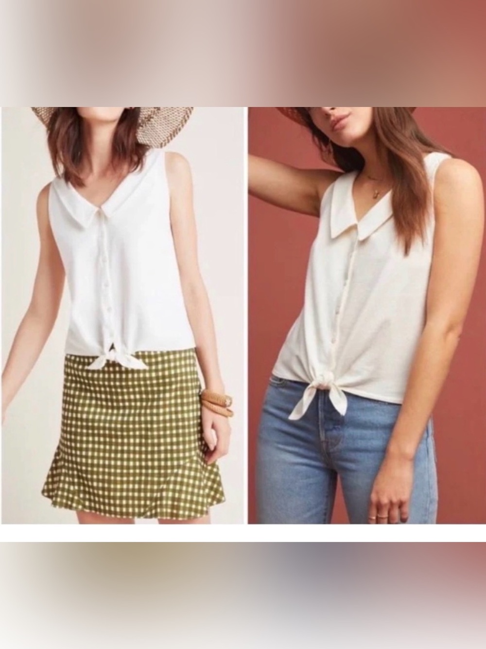 Anthropologie 100% Cotton Cream Sleeveless Button-Front Tie Hem Top
